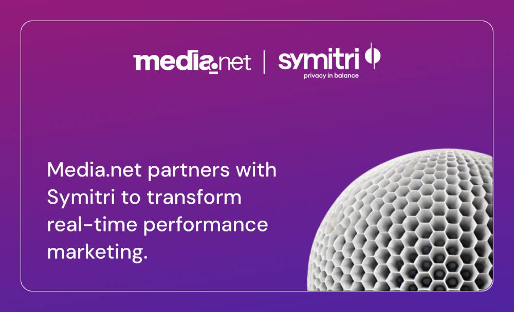 AdsLoom.net and Symitri partnership banner announcing a real-time performance marketing solution using private signals and open web targeting